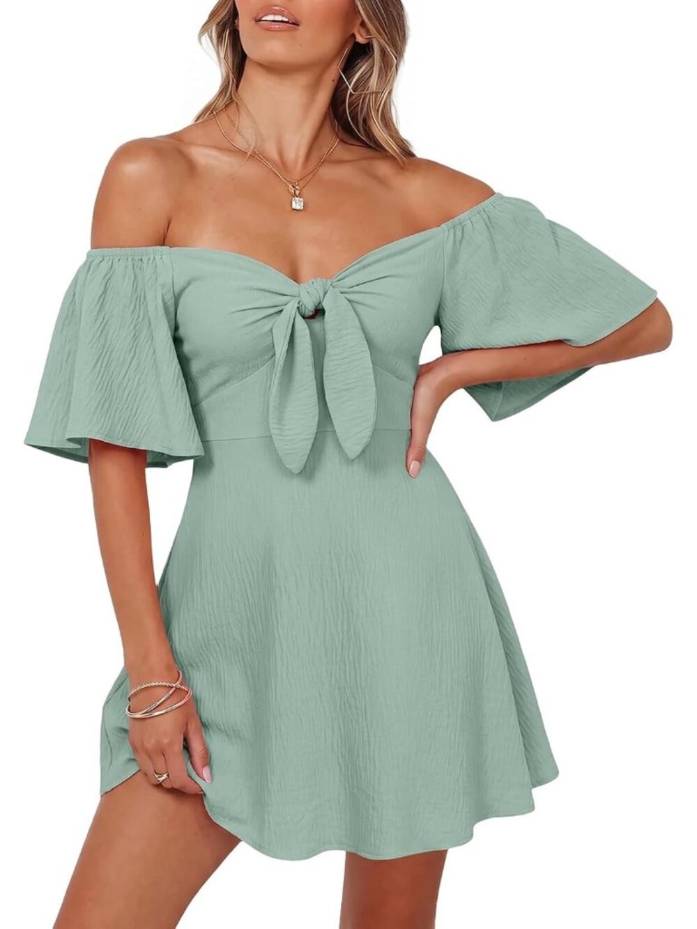 Women's Green Summer Deep Short Sleeve V Neck Elegant Bow Tie Mini Party Dresses